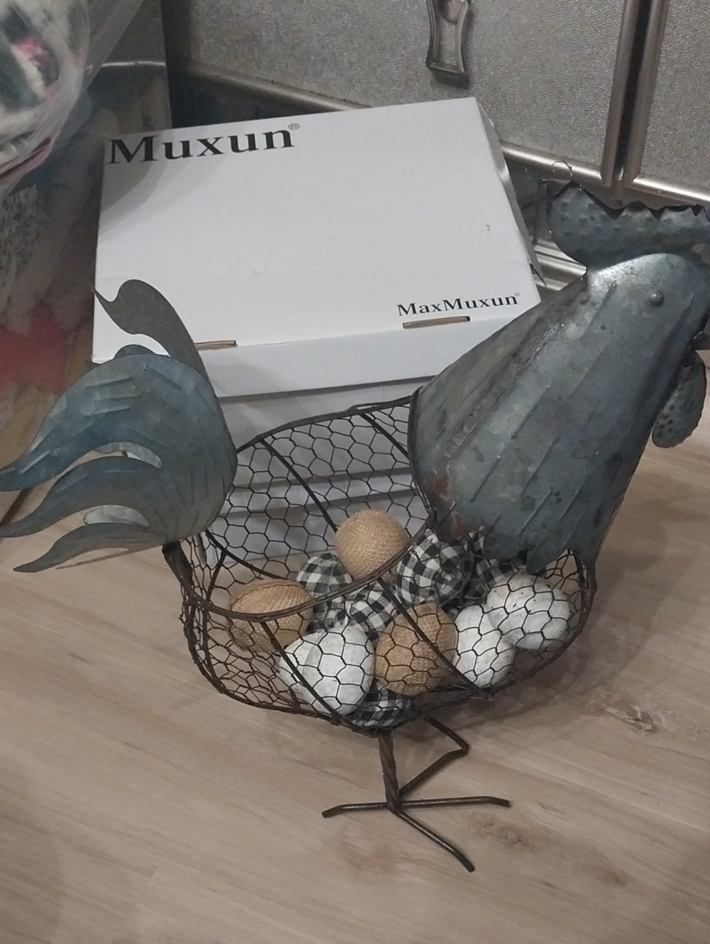 Metal Rooster Wire Basket - Blue Gray Decorative Home Accent